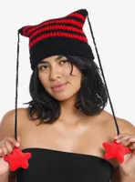 Black & Red Striped Star Tassel Beanie