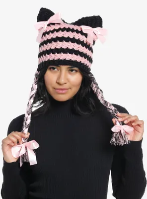 Pink & Black Stripe Bow Tassel Beanie