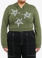 Social Collision Green Spiral Star Girls Crop Hoodie Plus