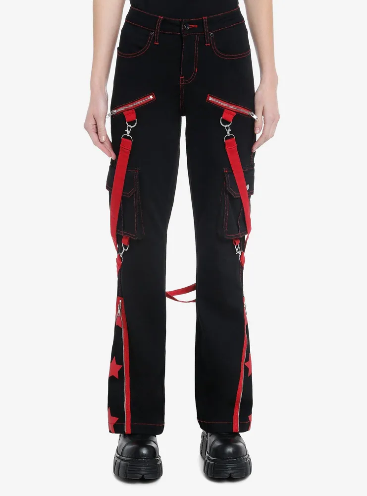 Hot Topic Black & Red Star Suspender Flare Pants