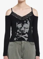 Social Collision Skull Lace Girls Cold Shoulder Long-Sleeve Top