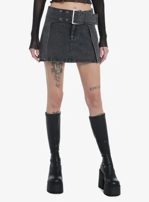 Social Collision Black Washed Denim Belted Skirt With Shorts