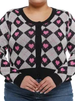 Black & Grey Argyle Heart Girls Cardigan Plus