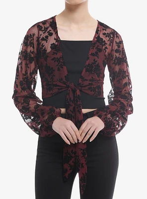 Thorn & Fable® Burgundy Black Velvet Rose Tie-Front Long-Sleeve Girls Top