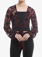 Thorn & Fable® Burgundy Black Velvet Rose Tie-Front Long-Sleeve Girls Top