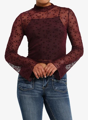 Maroon Floral Mesh Girls Long-Sleeve Twofer