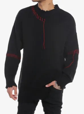 Black Distressed Red Stitch Sweater