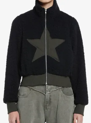 Social Collision Black Star Fuzzy Girls Crop Jacket