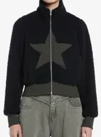 Social Collision Black Star Fuzzy Girls Crop Jacket