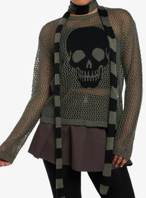 Social Collision Skull Girls Knit Sweater With Scarf