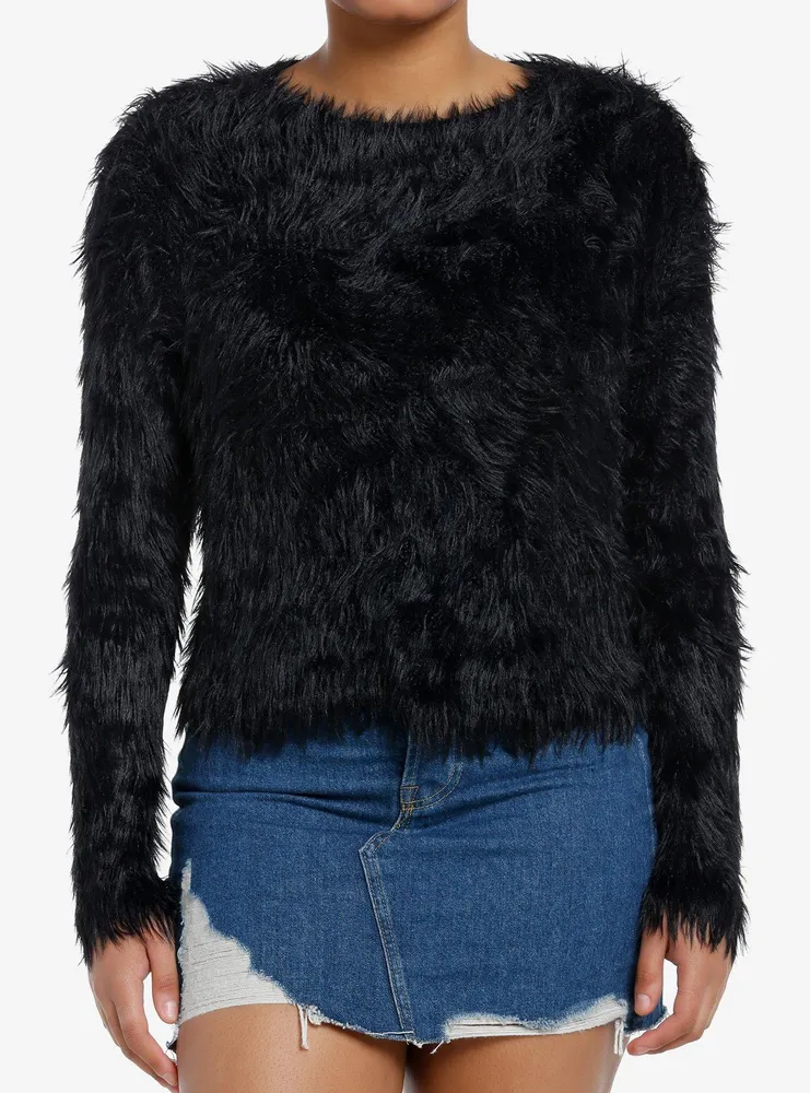 Social Collision Black Fuzzy Shag Girls Sweater