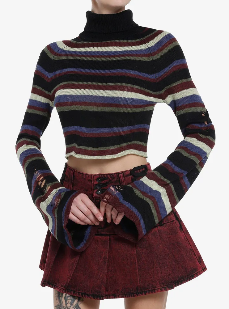 Social Collision Distressed Multicolor Stripe Girls Crop Turtleneck