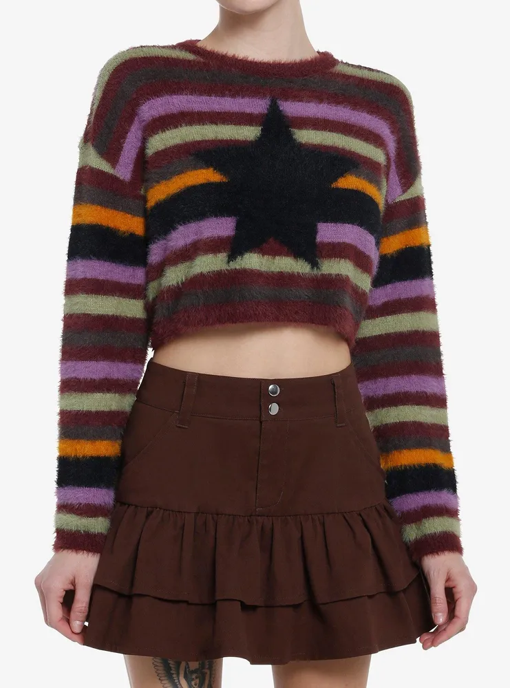 Social Collision Fuzzy Multicolor Stripe Star Girls Crop Sweater