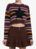Social Collision Fuzzy Multicolor Stripe Star Girls Crop Sweater