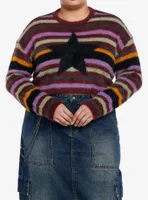 Social Collision Fuzzy Multicolor Stripe Star Girls Crop Sweater Plus