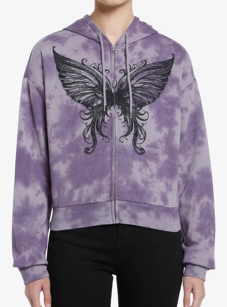 Thorn & Fable Butterfly Purple Tie-Dye Girls Crop Hoodie