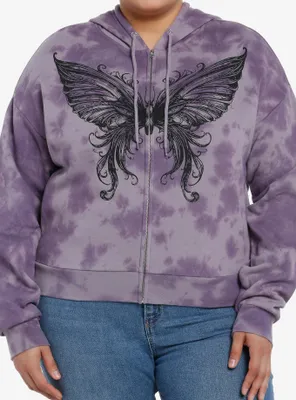 Thorn & Fable Butterfly Purple Tie-Dye Girls Crop Hoodie Plus