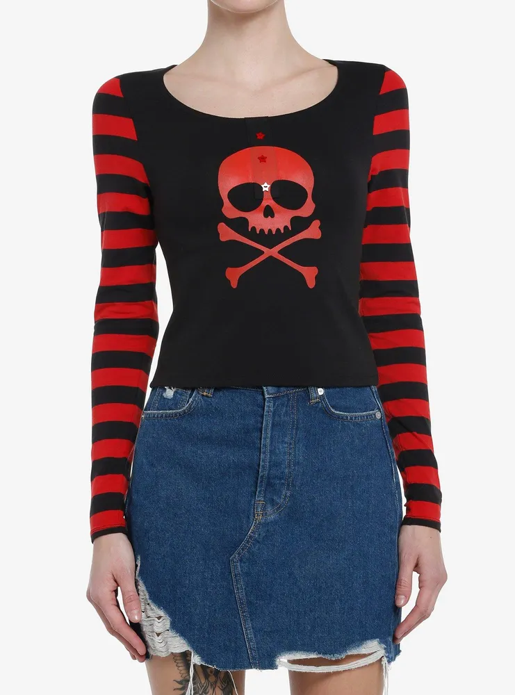 Social Collision Red Skull Striped Girls Long-Sleeve Top