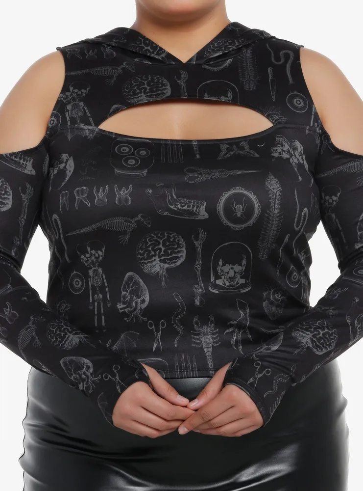 Cosmic Aura Taxidermy Cold Shoulder Girls Hooded Crop Top Plus