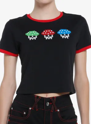 Social Collision Gamer Skull Mushroom Girls Ringer Crop T-Shirt