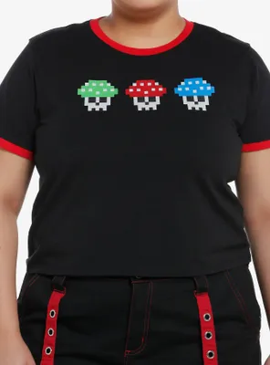 Social Collision Gamer Skull Mushroom Girls Ringer Crop T-Shirt Plus