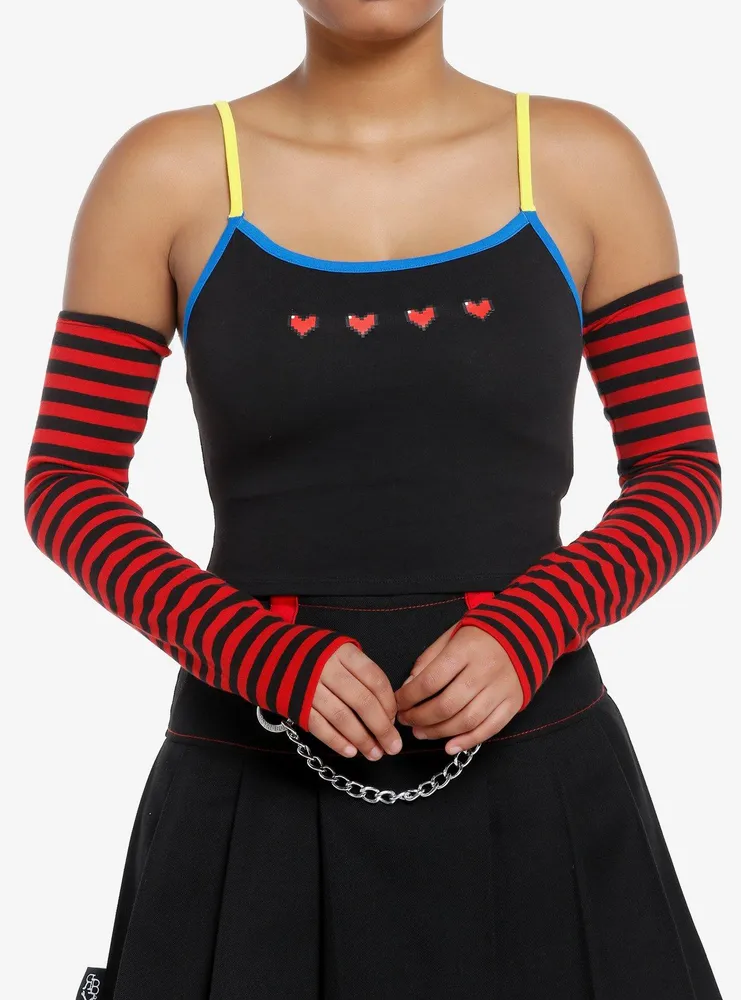 Social Collision Red & Black Stripe Skull Open Knit Girls Crop