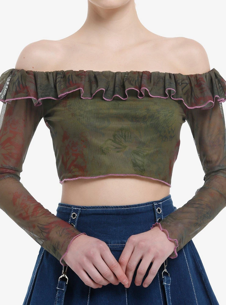 Grunge Butterfly Floral Off-The-Shoulder Crop Top