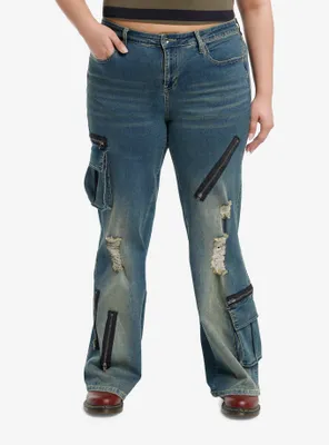 Destructed Zipper Flare Denim Pants Plus