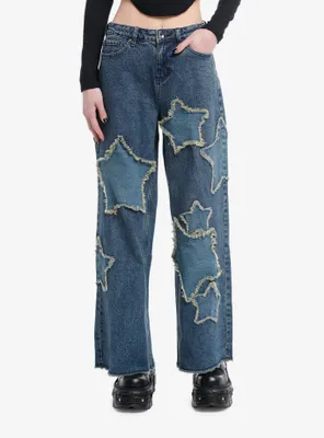 Social Collision Star Patch Wide Leg Denim Jeans