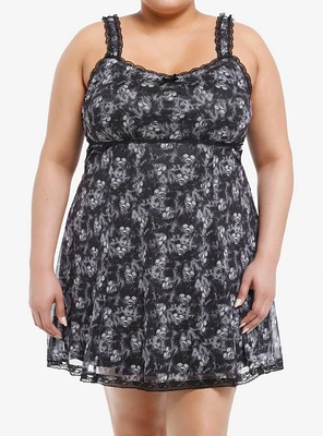 Black & Grey Skull Heart Wash Cami Slip Dress Plus