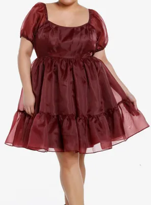 Cosmic Aura Maroon Organza Tiered Dress Plus