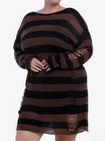 Social Collision Black & Brown Stripe Destructed Sweater Dress Plus