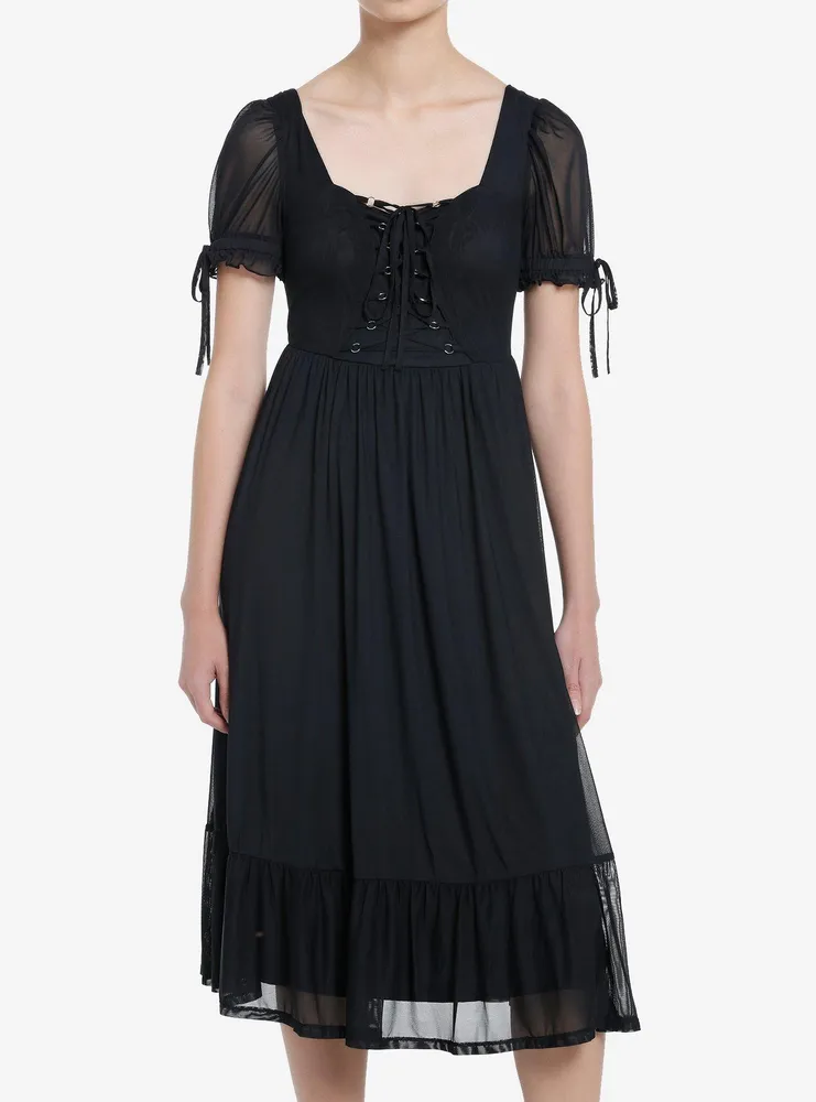 Cosmic Aura Black Lace-Up Mesh Puff Sleeve Midi Dress