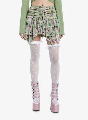 Thorn & Fable Floral Ruched Mesh Tiered Mini Skirt