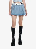 Social Collision Pleated Denim Skirt With Belt & Chain