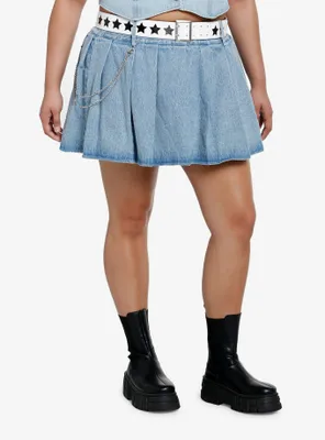 Social Collision Pleated Denim Skirt With Belt & Chain Plus