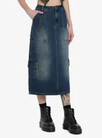 Social Collision Dark Wash Cargo Denim Midi Skirt With Chain