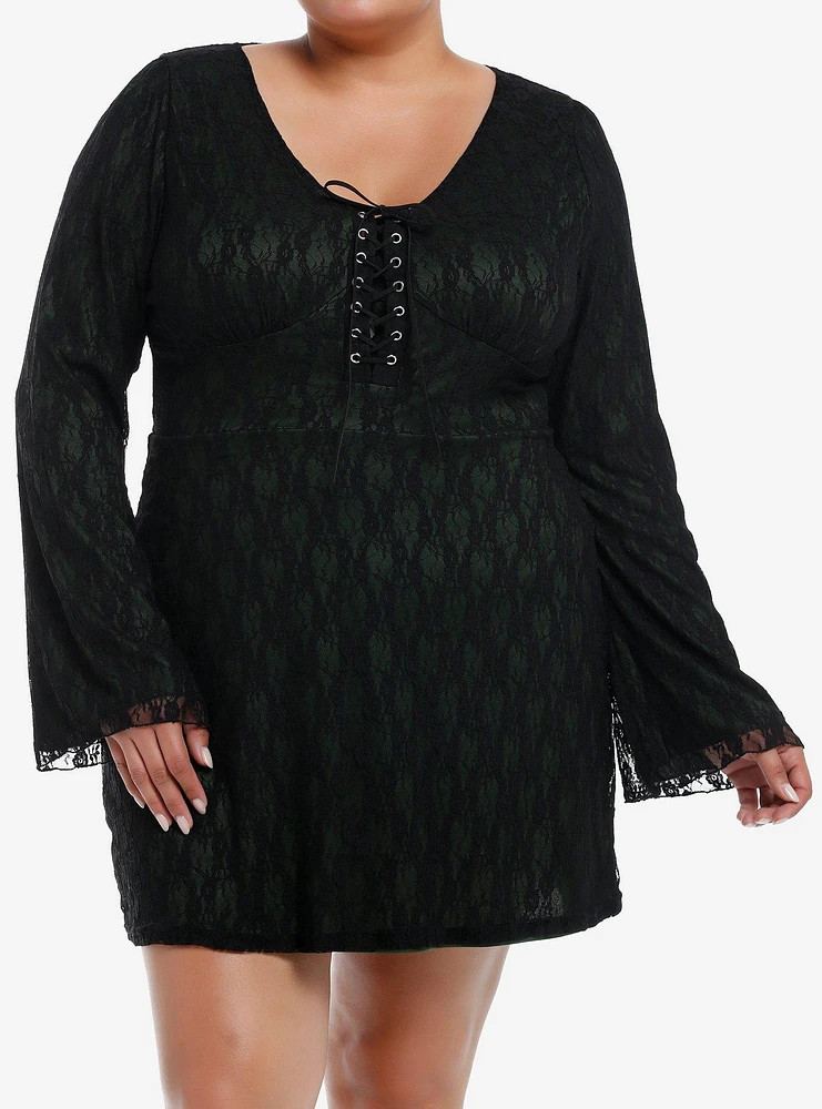 Black & Green Lace Bell Sleeve Dress Plus