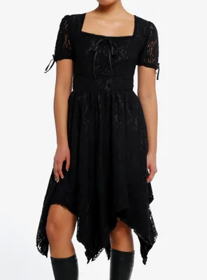 Daisy Street Black Lace Puff Sleeve Hanky Hem Dress