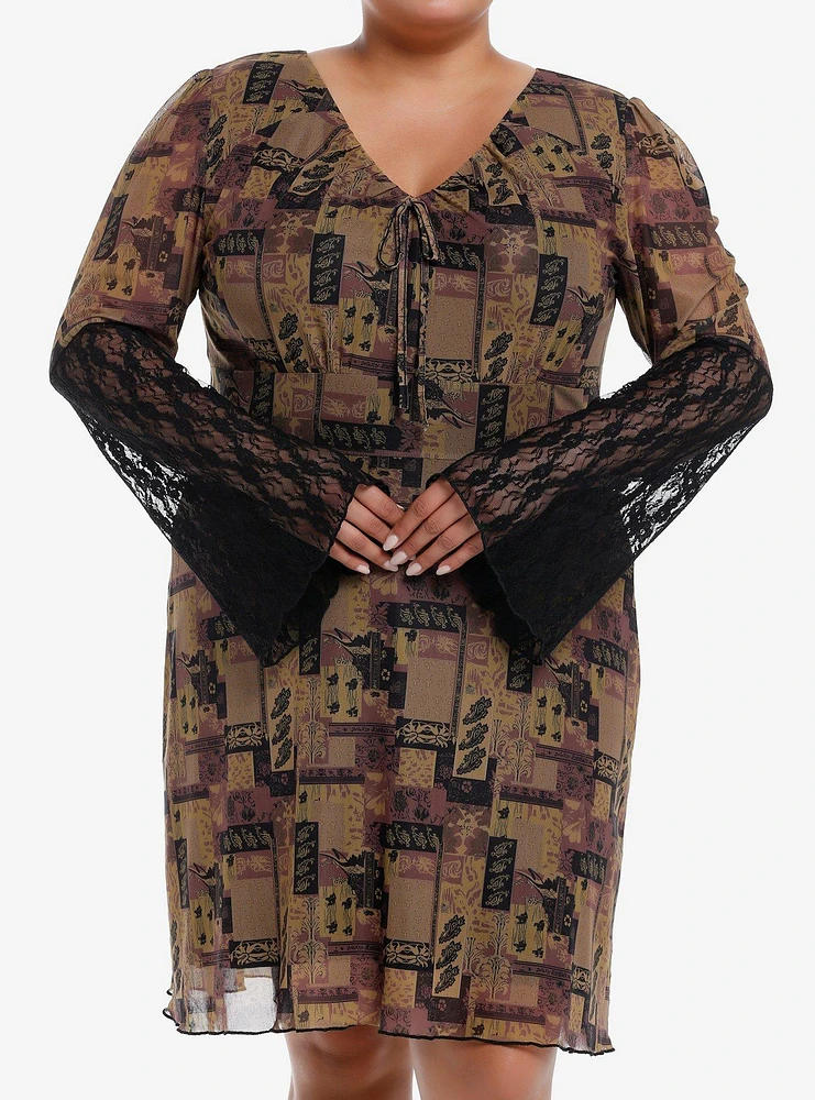 Brown Paisley Patchwork Bell Sleeve Dress Plus