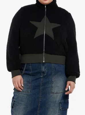 Social Collision Black Star Fuzzy Girls Crop Jacket Plus