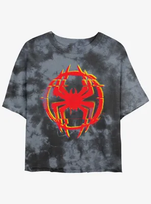 Marvel Spider-Man Glitchy Spider Symbol Womens Tie-Dye Crop T-Shirt