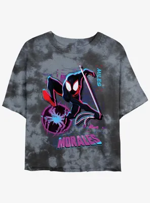Marvel Spider-Man Miles Morales Street Swing Womens Tie-Dye Crop T-Shirt