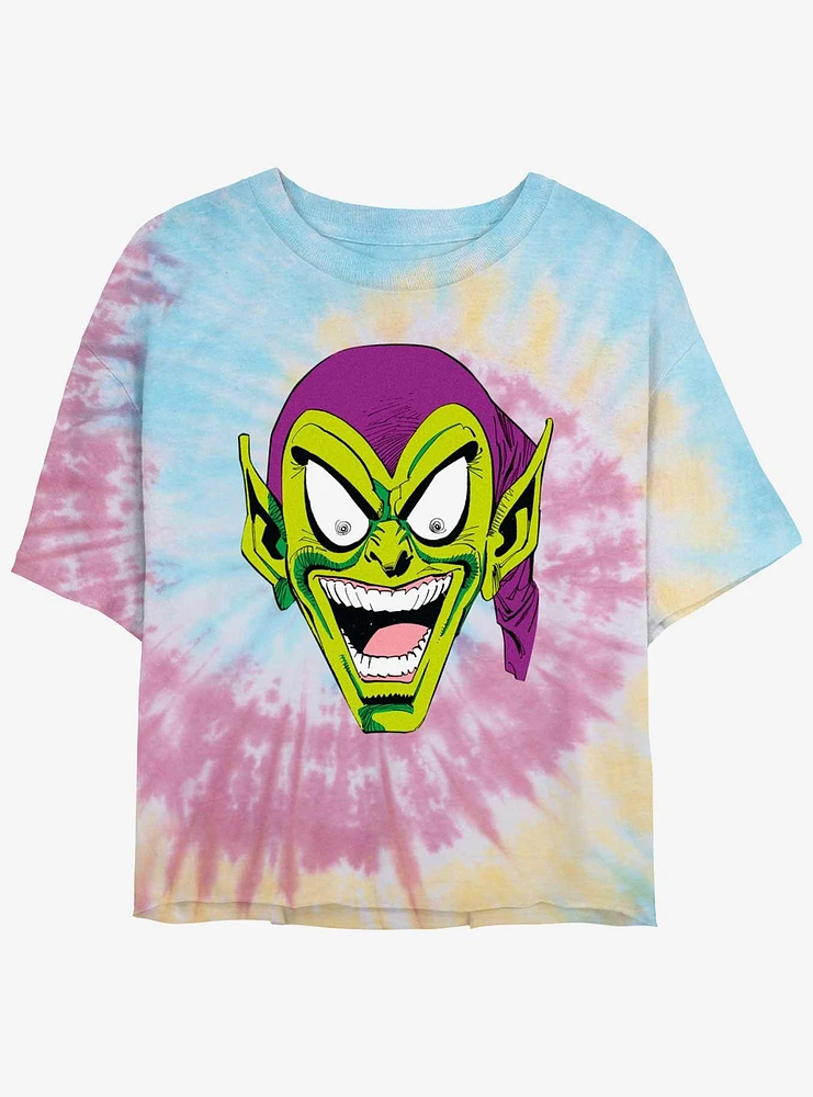 Marvel Spider-Man Green Goblin Head Womens Tie-Dye Crop T-Shirt