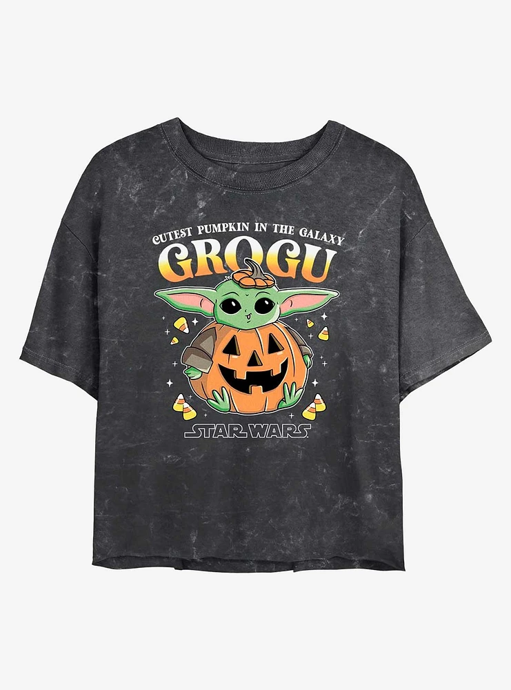 Star Wars The Mandalorian Pumpkin Grogu Mineral Wash Girls Crop T-Shirt