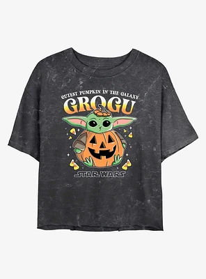 Star Wars The Mandalorian Pumpkin Grogu Mineral Wash Girls Crop T-Shirt
