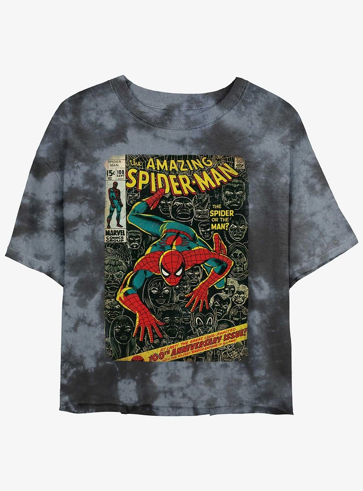 Marvel Spider-Man Comic 100th Anniversary Cover Girls Tie-Dye Crop T-Shirt