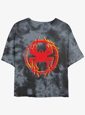 Marvel Spider-Man Glitchy Spider Symbol Girls Tie-Dye Crop T-Shirt