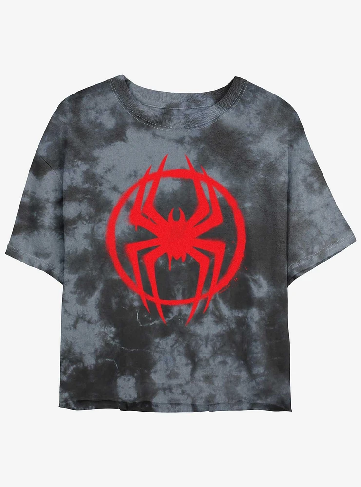 Marvel Spider-Man Spray Circle Symbol Girls Tie-Dye Crop T-Shirt