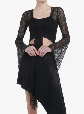 Cosmic Aura Black Lace Bell Sleeve Tie-Front Girls Top